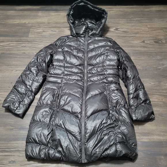 Via Spiga Swirl Down Charcoal Puffer Coat Size M Full Zip Hooded Long Quilted - Picture 2 of 8